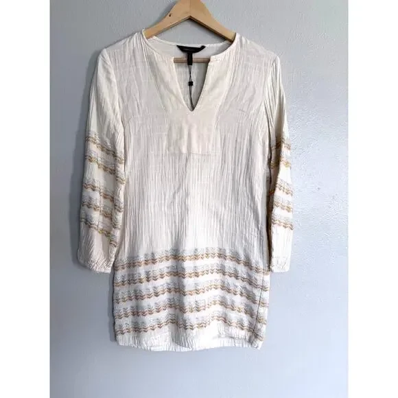 BCBGMAXAZRIA bcbg cream beige silver gold zigzag embroidered cotton tunic dress - Picture 2 of 8